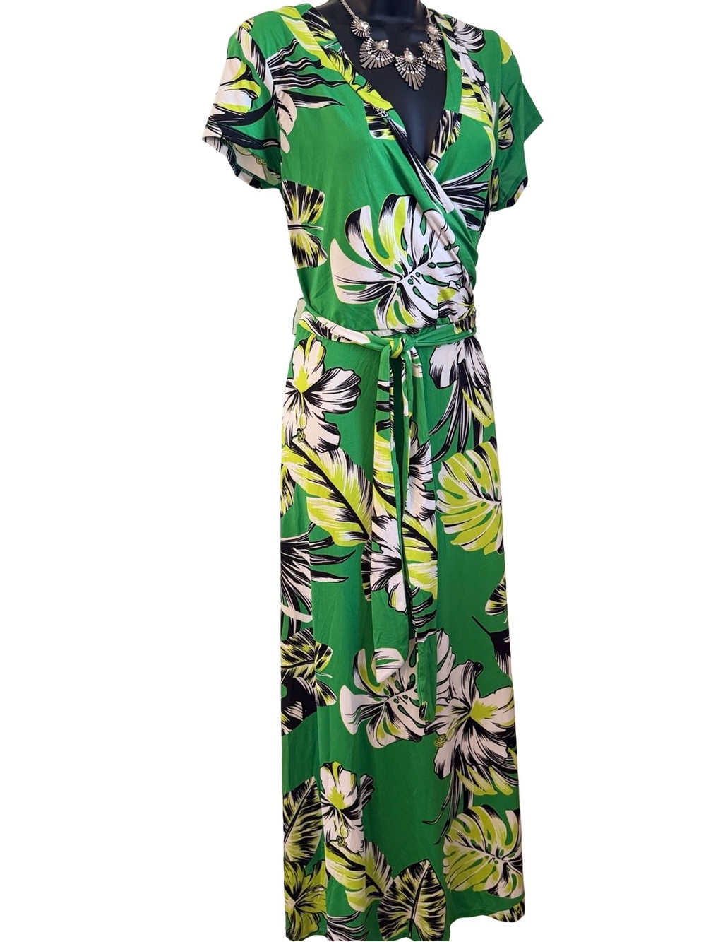 French Atmosphere Green Floral  Maxi Dress with Belt